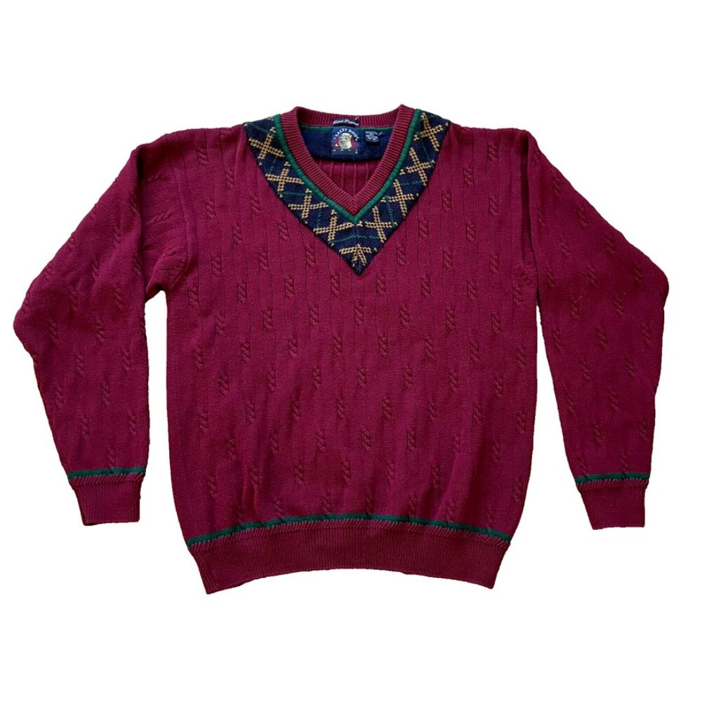 Salty Dog Gant Pullover Sweater Burgundy Cable Knit Vintage V-neck Varsity Golf